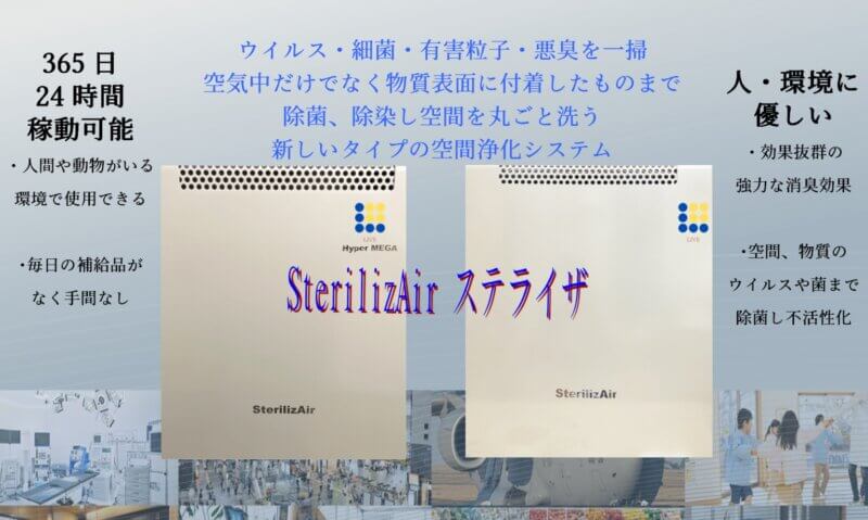 「ステライザSterilizAir」は空気と手に触れる表面に付着したウイルスや細菌を破壊し清浄化します。ステライザは感染理由の80%以上の接触感染リスクを大幅低減を可能にしました。の画像