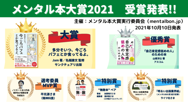 「メンタル本大賞2021」 受賞作品が決定 － 心が楽になる本を10月10日世界メンタルヘルスデーに発表 －の画像